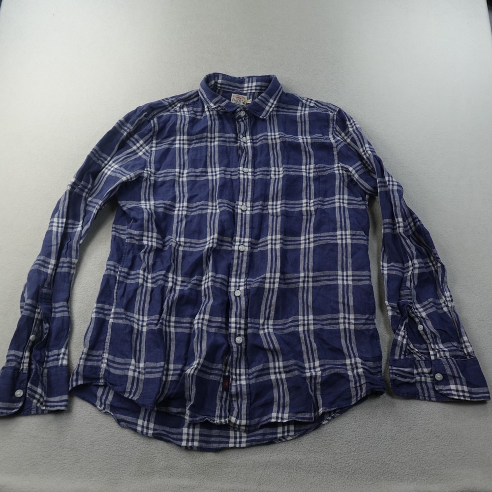 Faherty Linen Laguna Shirt Mens L Jetty Plaid Blue 100% Linen MWS2343